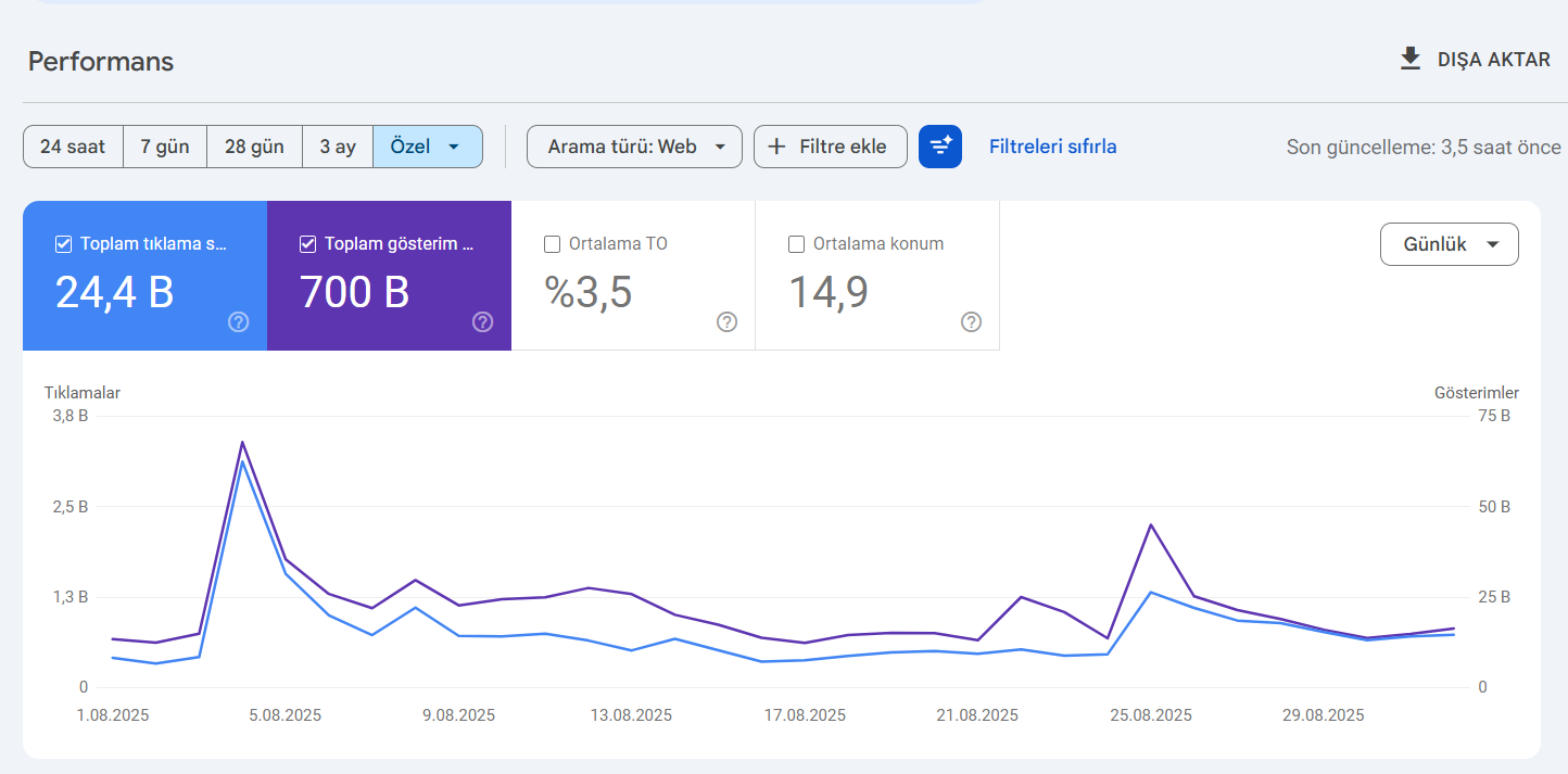 Google Search Console 1 aylık performans